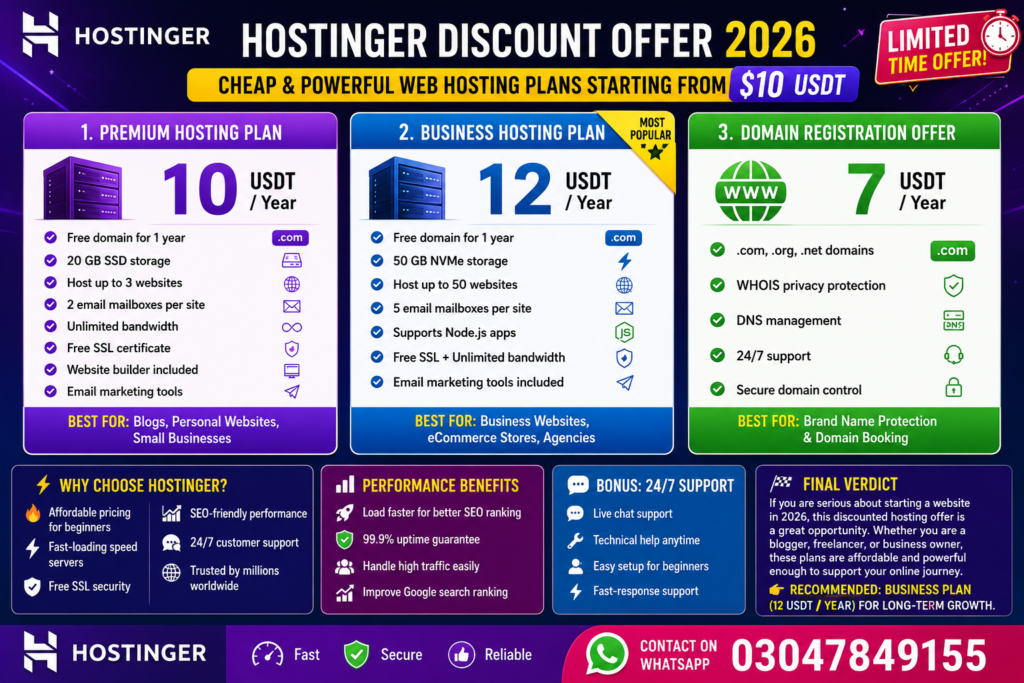 Hostinger Discount Offer 2026 – Cheap Web Hosting Plans Starting from $10 USDT